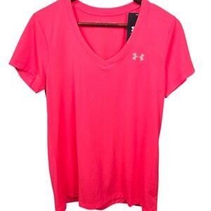 Under Armour Womens V Neck Short Sleeve T Shirt Pink Loose Fit Medium NWT